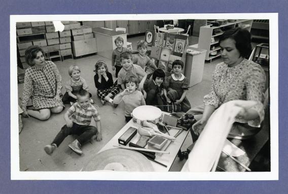 Student teachers in the nursery school in a photo circa 1970s