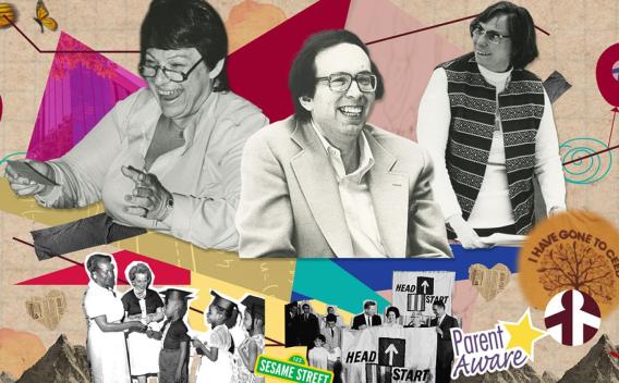 Collage of images from Center for Early Education and Development, including photos of Erna Fishhaut, Rich Weinberg, and Shirley Moore